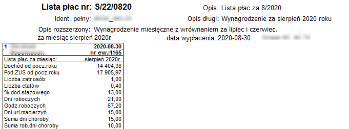 Fragment raportu Lista płac paski pionowe bez zerowych stała długość