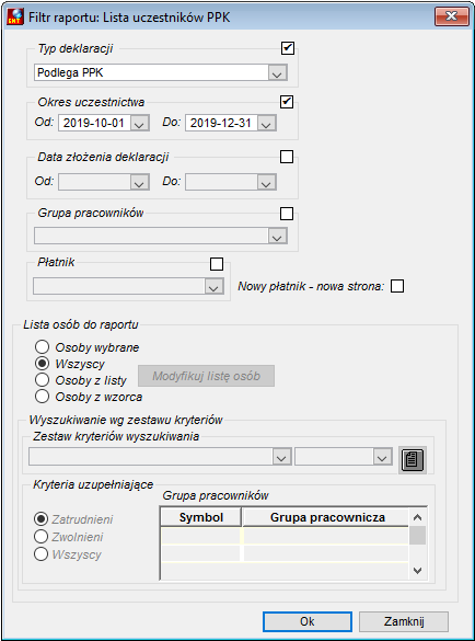 Okno uruchomienia raportu Lista uczestników PPK Okno uruchomienia raportu Lista uczestników PPK