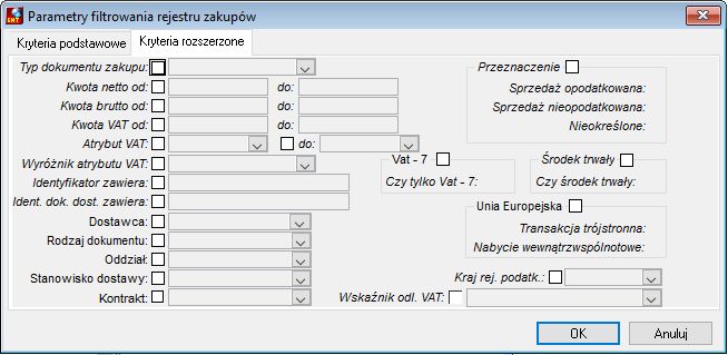 Parametry filtrowania rejestru zakupów – kryteria rozszerzone Parametry filtrowania rejestru zakupów – kryteria rozszerzone