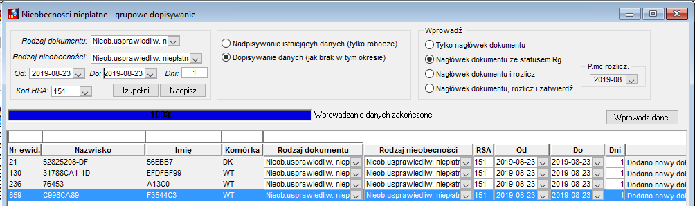 Okno grupowego dodawania nieobecności niepłatnych