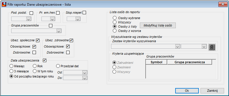Okno parametrów raportu Dane ubezpieczeniowe - lista Okno parametrów raportu Dane ubezpieczeniowe - lista