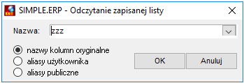 Okno odczytu zapisanej listy kolumn