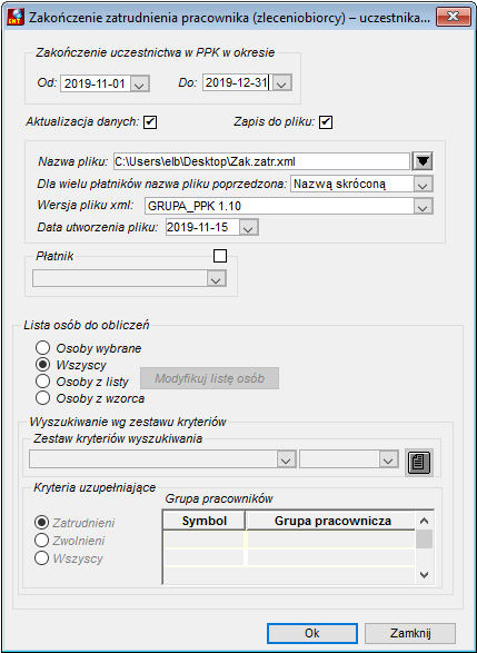 Okno generowania pliku zakończenia zatrudnienia lub zlecenia uczestnika PPK Okno generowania pliku zakończenia zatrudnienia lub zlecenia uczestnika PPK