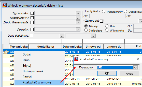 Fragment okna Wnioski o umowy zlecenia/o dzieło – przekształcanie wniosku w umowę