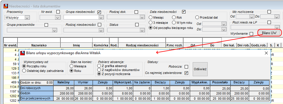 Okno Nieobecności - podgląd bilansu urlopu wypoczynkowego zaznaczonego pracownika