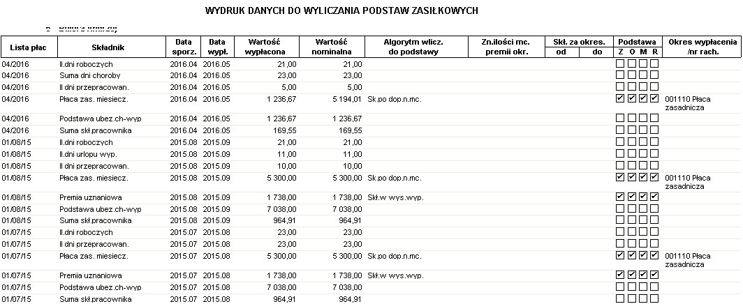 Przykładowy wydruk danych do wyliczania podstaw zasiłkowych