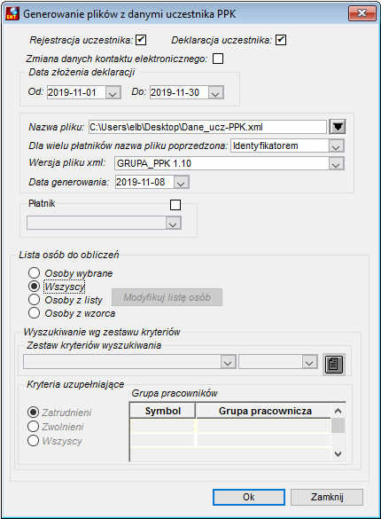 Okno generowania pliku z danymi uczestników PPK Okno generowania pliku z danymi uczestników PPK