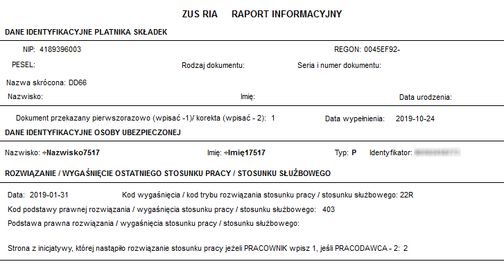 Przykładowy raport Informacje przekazywane do płatnika ZUS RIA Przykładowy raport Informacje przekazywane do płatnika ZUS RIA