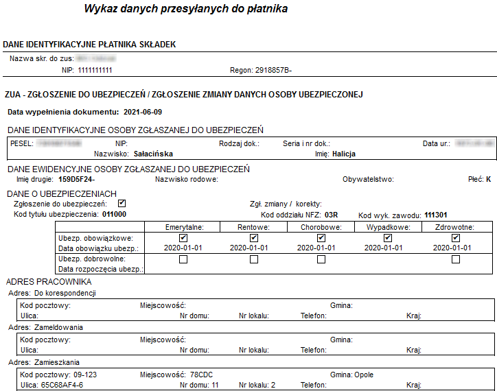 Podgląd dokumentu ZUS ZUA z okna Obsługa danych ubezpieczeniowych->Dok. zgłoszeniowe