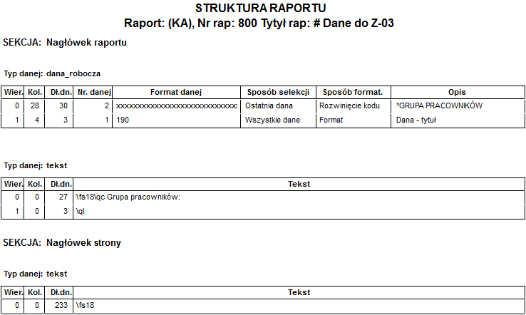 Podgląd okna wydruku struktury raportu wg obiektów orientacja pionowa Podgląd okna wydruku struktury raportu wg obiektów orientacja pionowa
