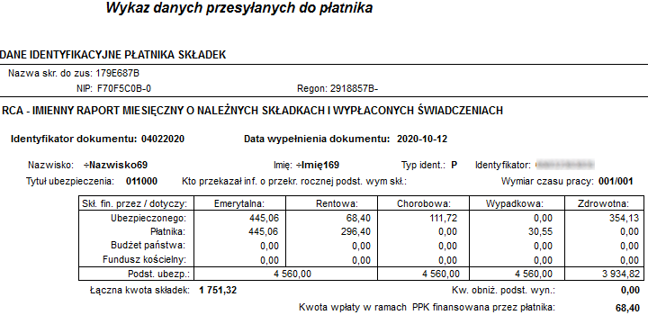 Podgląd dokumentu ZUS RCA z okna Obsługa danych ubezpieczeniowych->Dok. rozliczeniowe