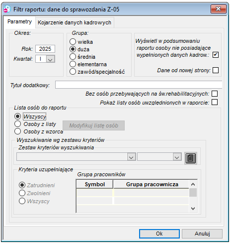 Zakładka Parametry raportu zbierającego dane do sprawozdania Z-05