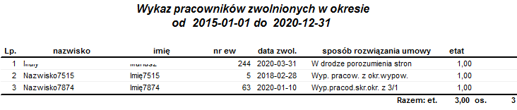 Przykładowy raport Zwolnieni w okresie