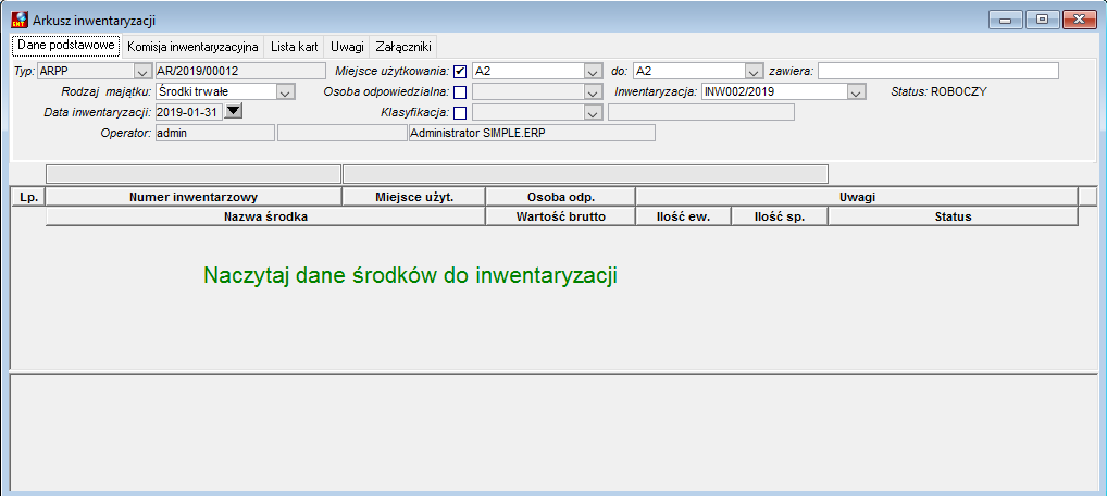 Okno Arkusz inwentaryzacji Okno Arkusz inwentaryzacji