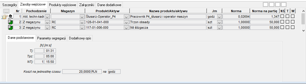 Dane operacji – zasoby rodzaju ATK (pracownik/maszyna)