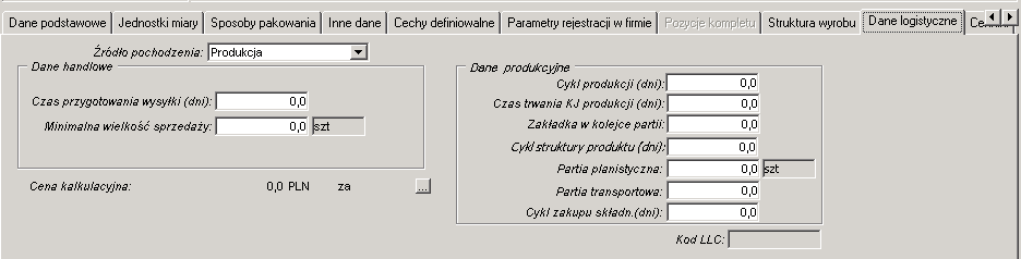 Planowanie pod zamówienia - zakładka Dane logistyczne