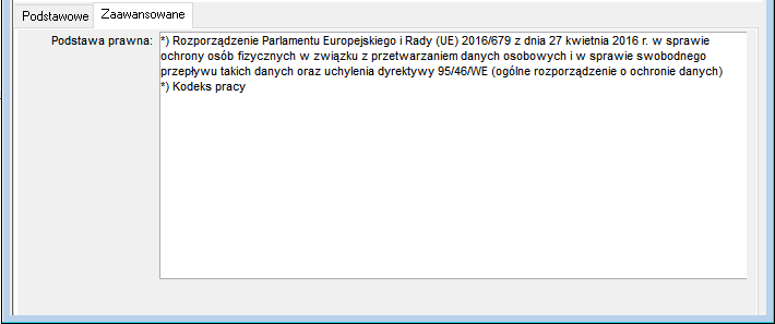 Zakładka Zaawansowane w oknie edcyji celów przetwarzania danych osobowych Zakładka Zaawansowane w oknie edcyji celów przetwarzania danych osobowych