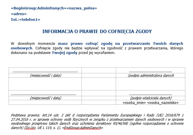 Szablon raportu Informacja o prawie do cofnięcia zgody Szablon raportu Informacja o prawie do cofnięcia zgody