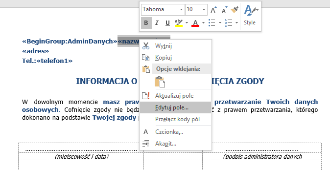 Wstawianie pól w szablonie przez opcje wywoływane prawym klawiszem myszy Wstawianie pól w szablonie przez opcje wywoływane prawym klawiszem myszy