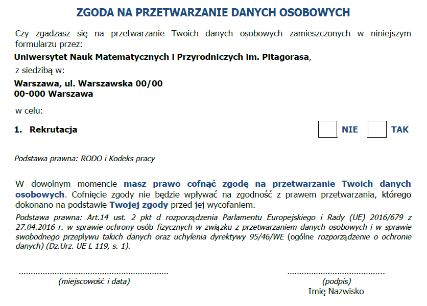 Przykładowy raport klauzuli zgody na przetwarzanie danych osobowych z informacją o prawie do cofnięcia zgody Przykładowy raport klauzuli zgody na przetwarzanie danych osobowych z informacją o prawie do cofnięcia zgody