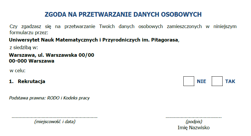 Przykładowy raport klauzuli zgody na przetwarzanie danych osobowych Przykładowy raport klauzuli zgody na przetwarzanie danych osobowych