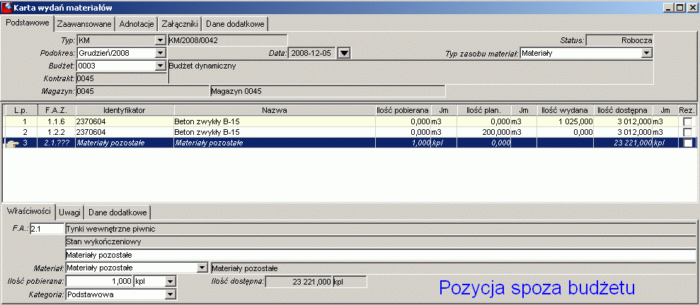 Karta wydań materiałowych – dodawanie pozycji spoza budżetu
