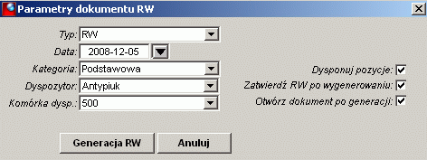 Karta wydań materiałowych – generowanie dokumentu RW
