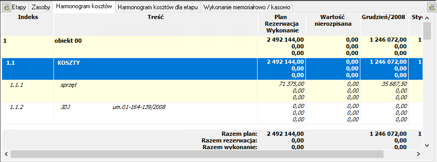 Budżet kosztów bezpośrednich – Zakładka Harmonogram kosztów